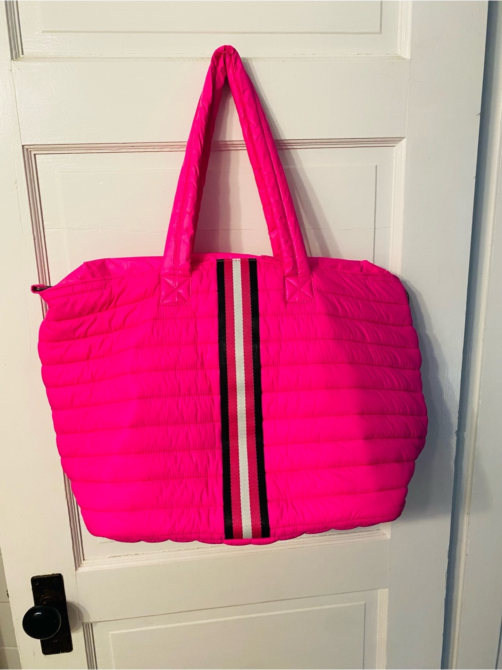 Think Royln Quilted Hot Pink Tote Bag with Stripe Detail
